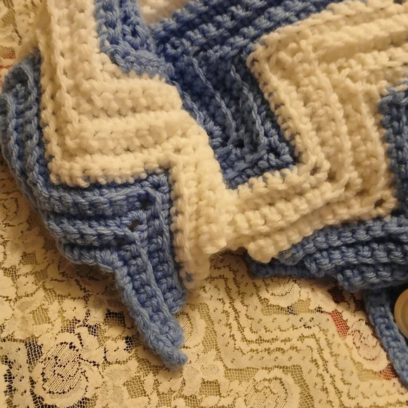 Hand Crochet Blue and White Chevron Knit Shawl With Buttons - Picture 8 of 8